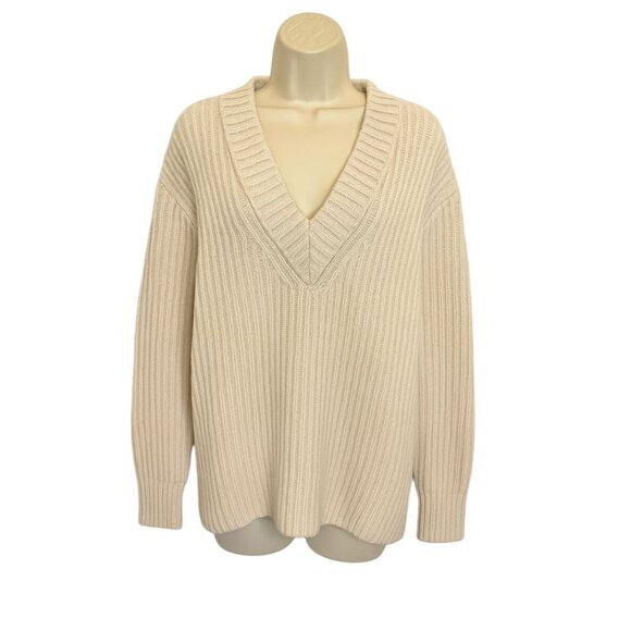 Acne Studios 100% Wool Ribbed V-Neck Sweater Beige Oversized Knit - Size XS - Picture 1 of 6